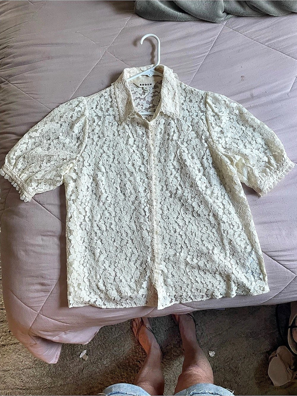 Boden Short Sleeve Lace Blouse Floral Lace Button Down Top in White Size UK 12 /